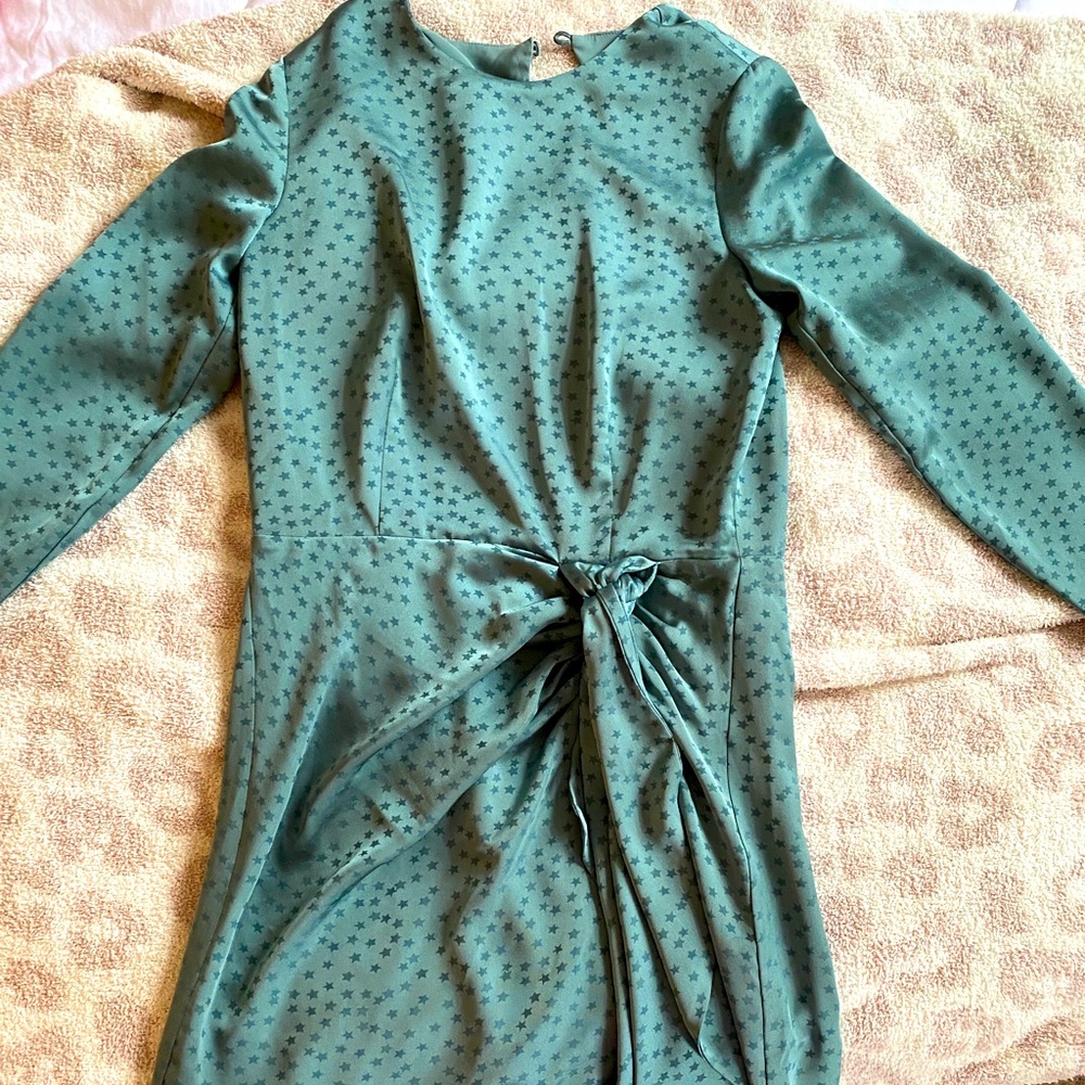 Revolve, silk mini green dress with stars, open back